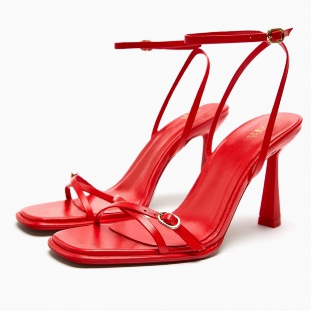 NWT ZARA RED STRAPPY HEELS LEATHER SANDALS SIZE 41  
US 10